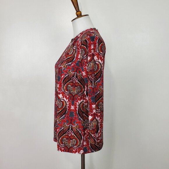 Jones Studio Red Pullover 3/4 Sleeve Paisley Top With Cutouts NEW NWT Size XS - Picture 4 of 14